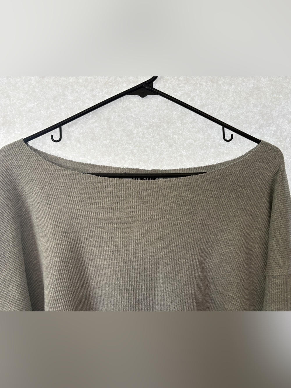 Daydreamer Gray Cropped Long-Sleeve, Off the Shoulder Top, Waffle Knit - Picture 6 of 6